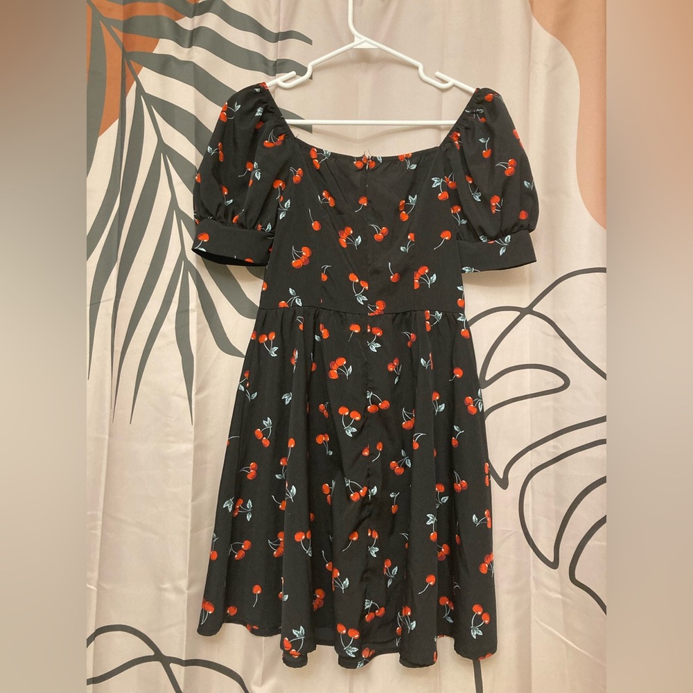 Black Mini Dress With Cherry Print - Picture 3 of 4